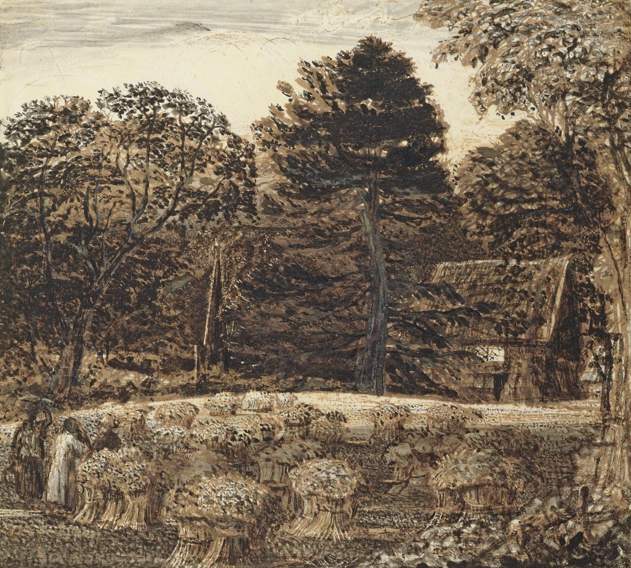 Um milharal, Shoreham no crepúsculo (caneta e tinta e lavar no cartão branco) de Samuel Palmer