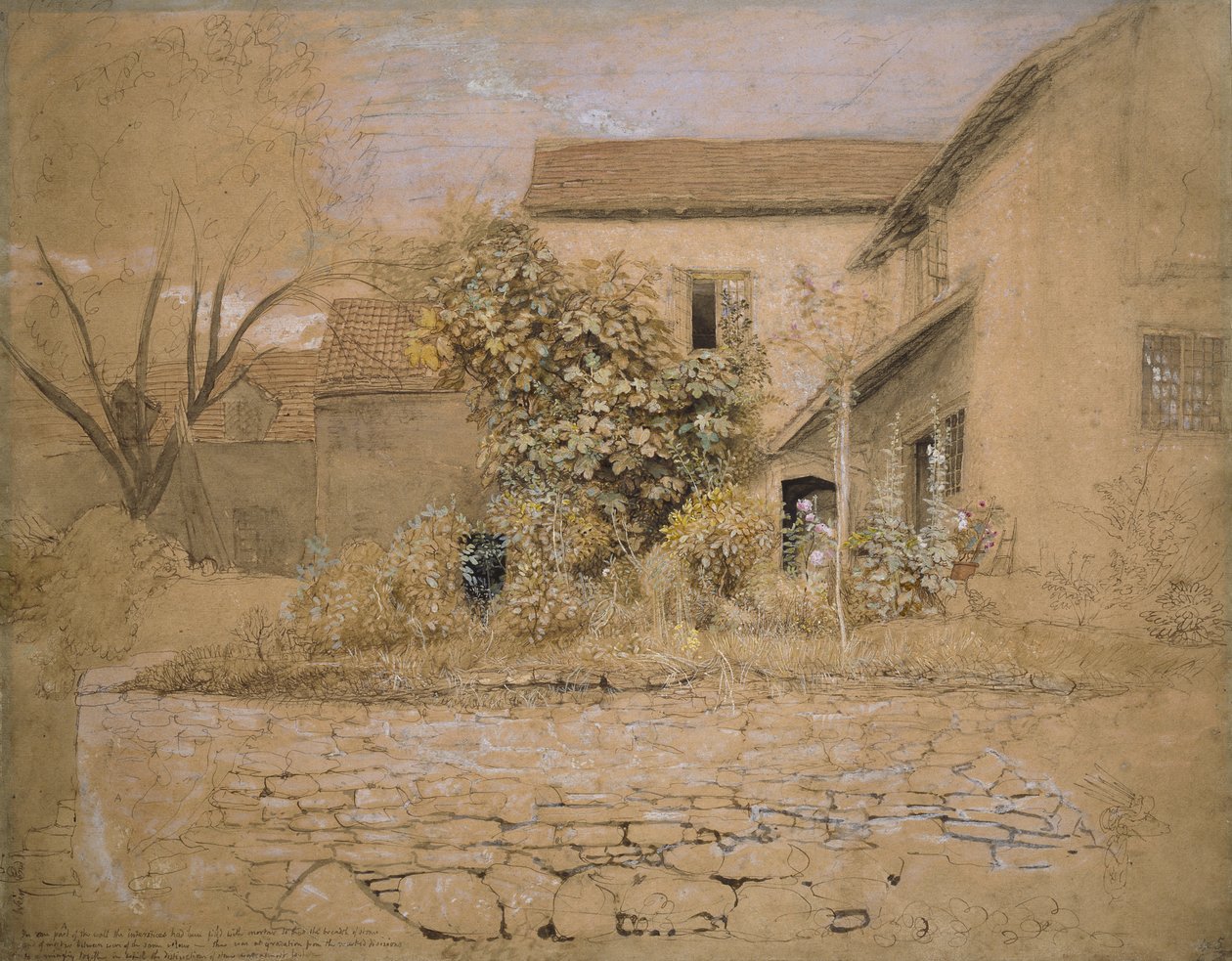 Uma casa e jardim em Tintern, 1835 (caneta e tinta, wc e bodycolour sobre grafite e giz preto sobre papel cor-de-rosa) de Samuel Palmer