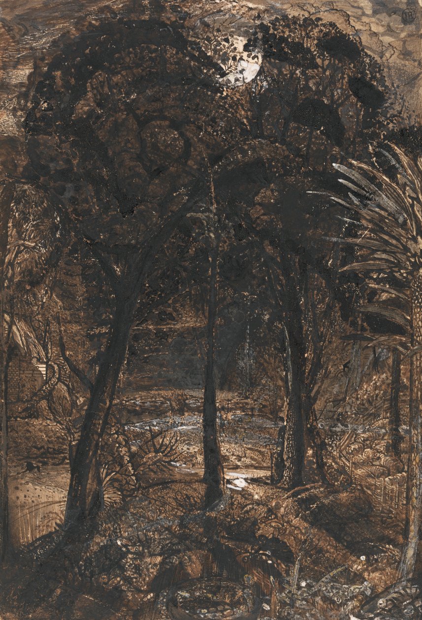 Uma cena iluminada pela lua com um rio sinuoso de Samuel Palmer