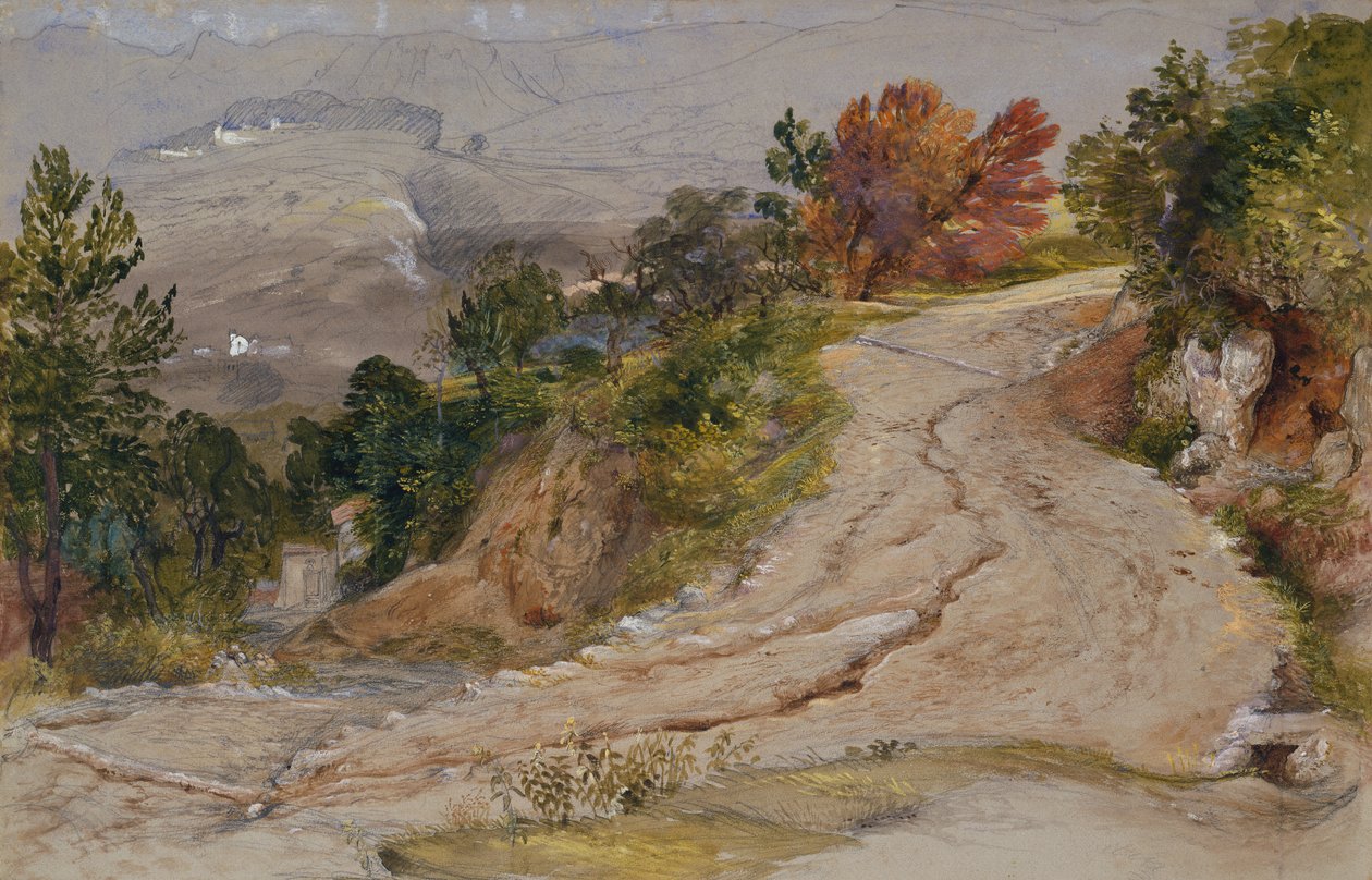 Uma estrada de montanha na Itália (lápis, aquarela e cor do corpo) de Samuel Palmer