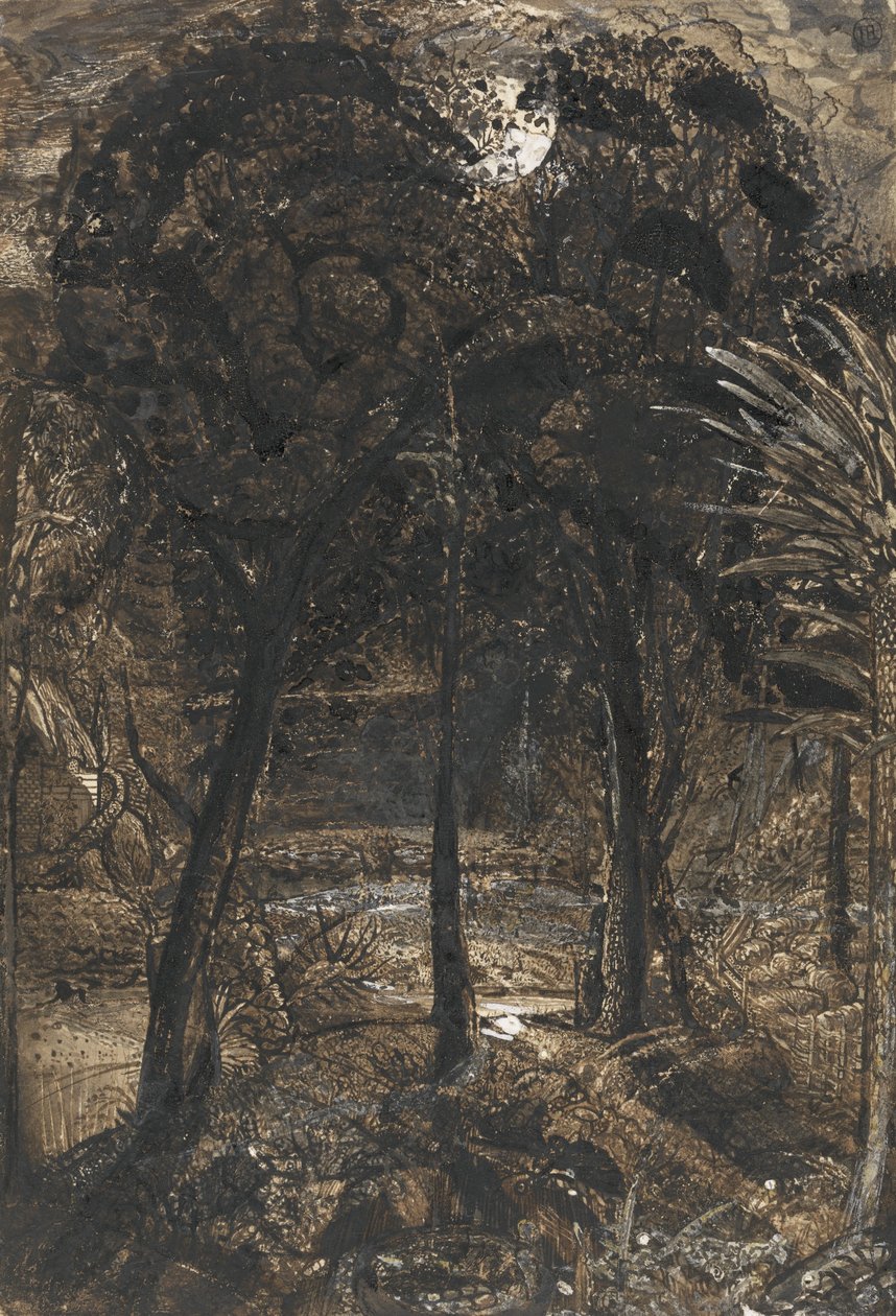 Uma cena iluminada pela lua com um rio sinuoso de Samuel Palmer