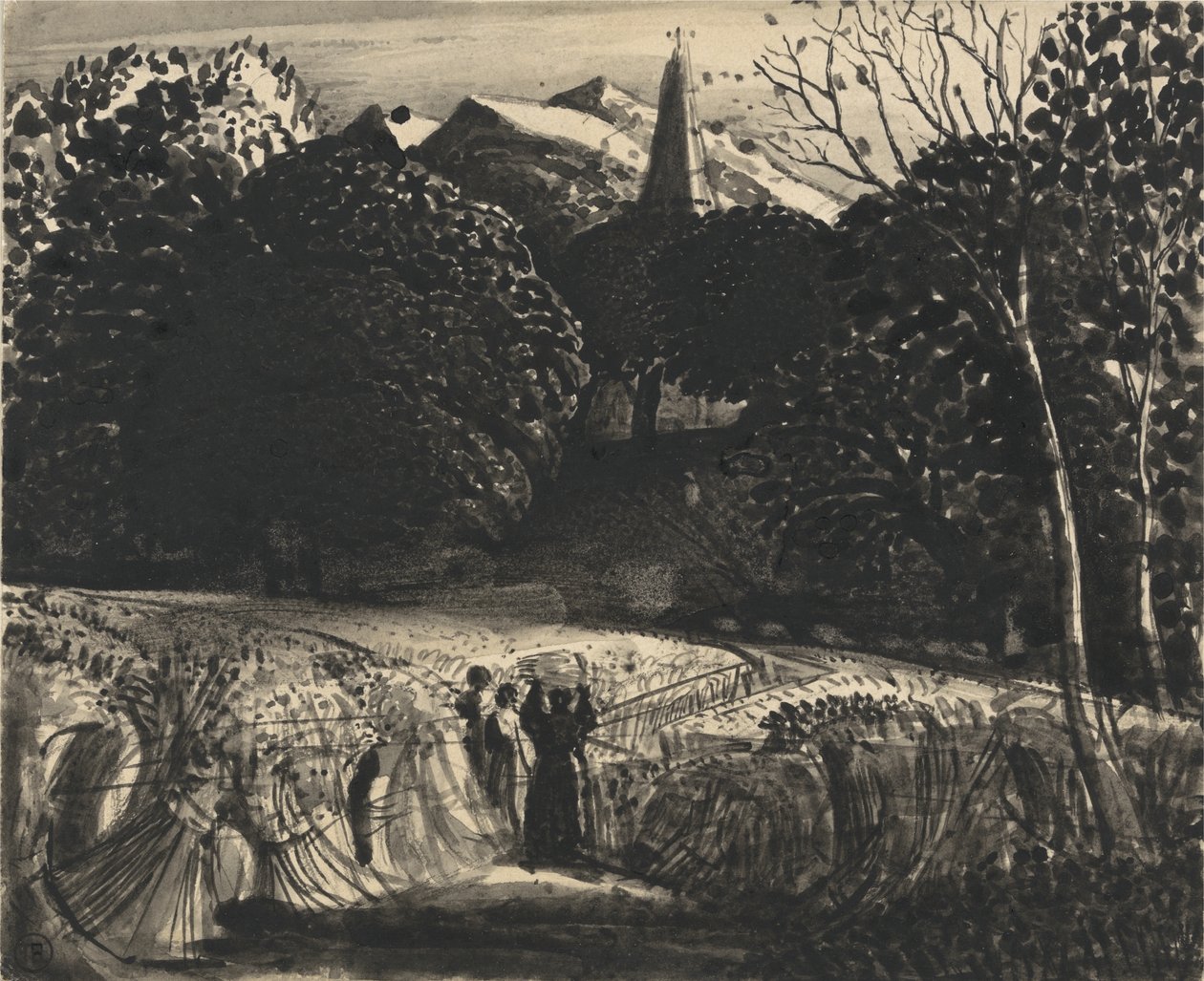 Milharal e Igreja ao Luar (pincel e tinta preta no papel) de Samuel Palmer