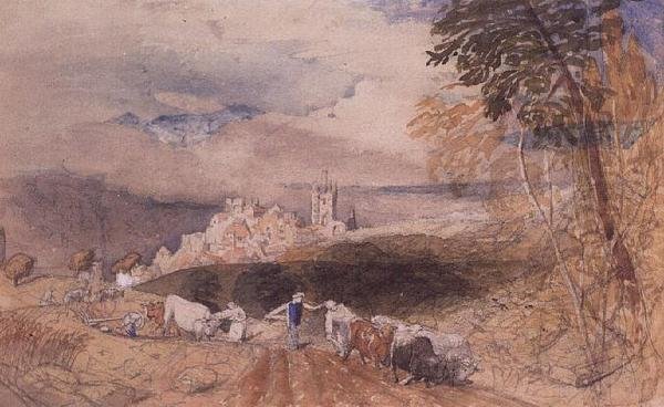 Paisagem Hilly Landscape com Lavouras de Agricultores (aguarela) de Samuel Palmer
