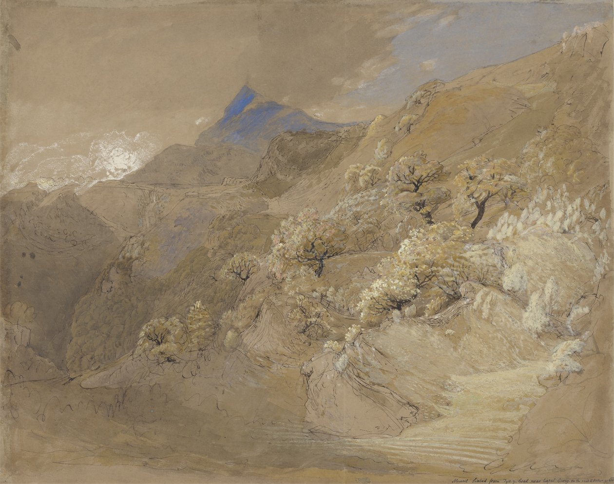 Monte Siabod de Tyn-y-Coed perto de Capel Curig (caneta e tinta, cor do corpo e aquarela sobre papel) de Samuel Palmer