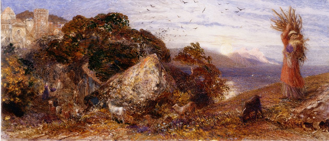 Lua em ascensão (corpulência, lápis e aguarela) de Samuel Palmer