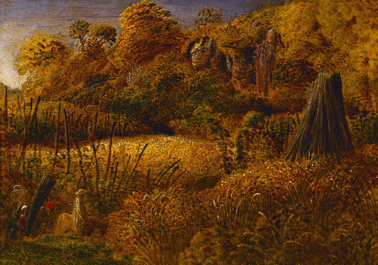 Cena em Underriver, Kent ou The Hop Garden (óleo e têmpera no painel) de Samuel Palmer