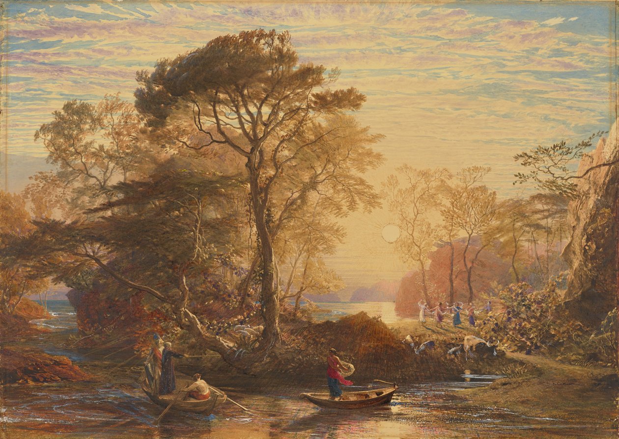 Sir Guyon com o Palmer a acompanhá-lo, tentado por Phaedria a desembarcar nas Ilhas Encantadas de Samuel Palmer