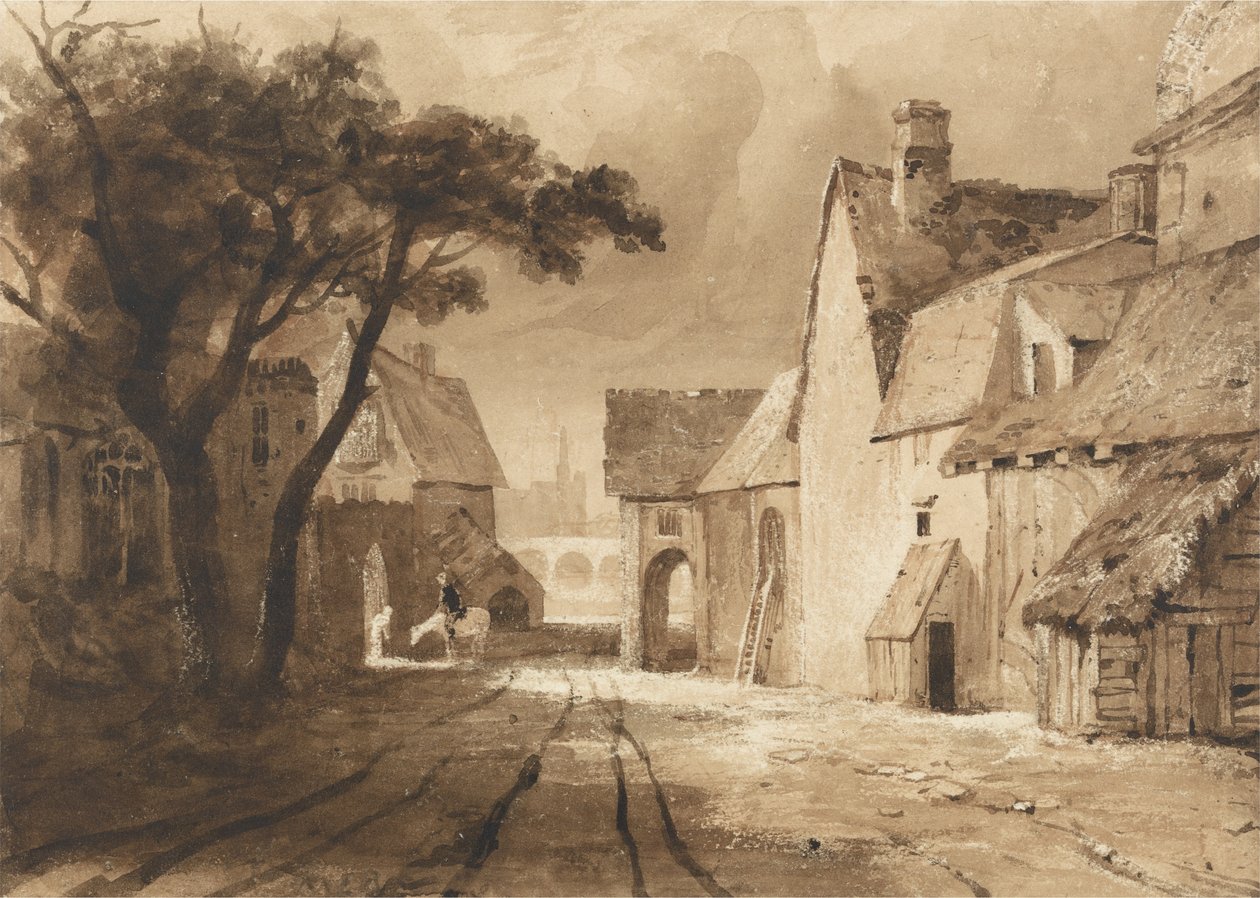 Estudo de edifícios antigos (tinta marrom e grafite sobre papel) de Samuel Palmer