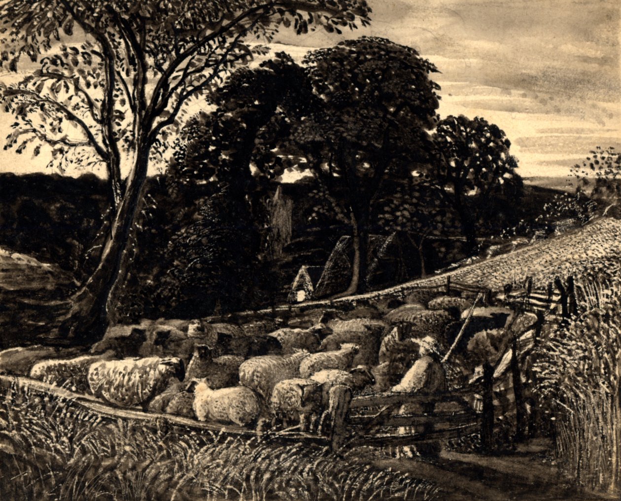 The Sheep Fold, c.1831-32 (Aguarela) de Samuel Palmer