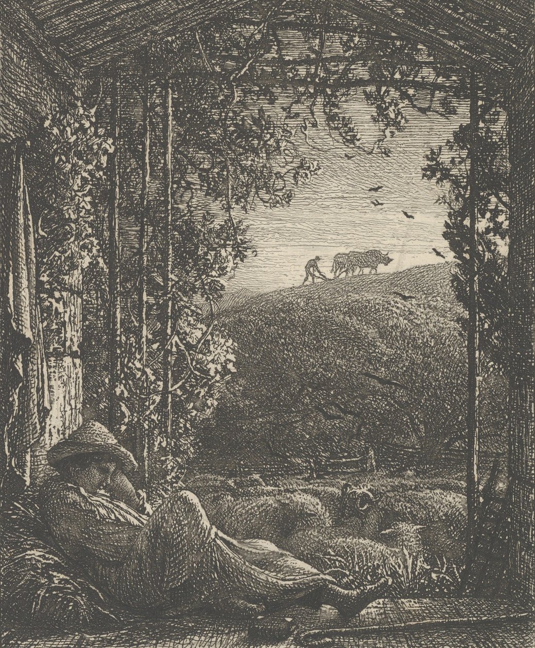 O pastor adormecido, de manhã cedo, 1857. de Samuel Palmer
