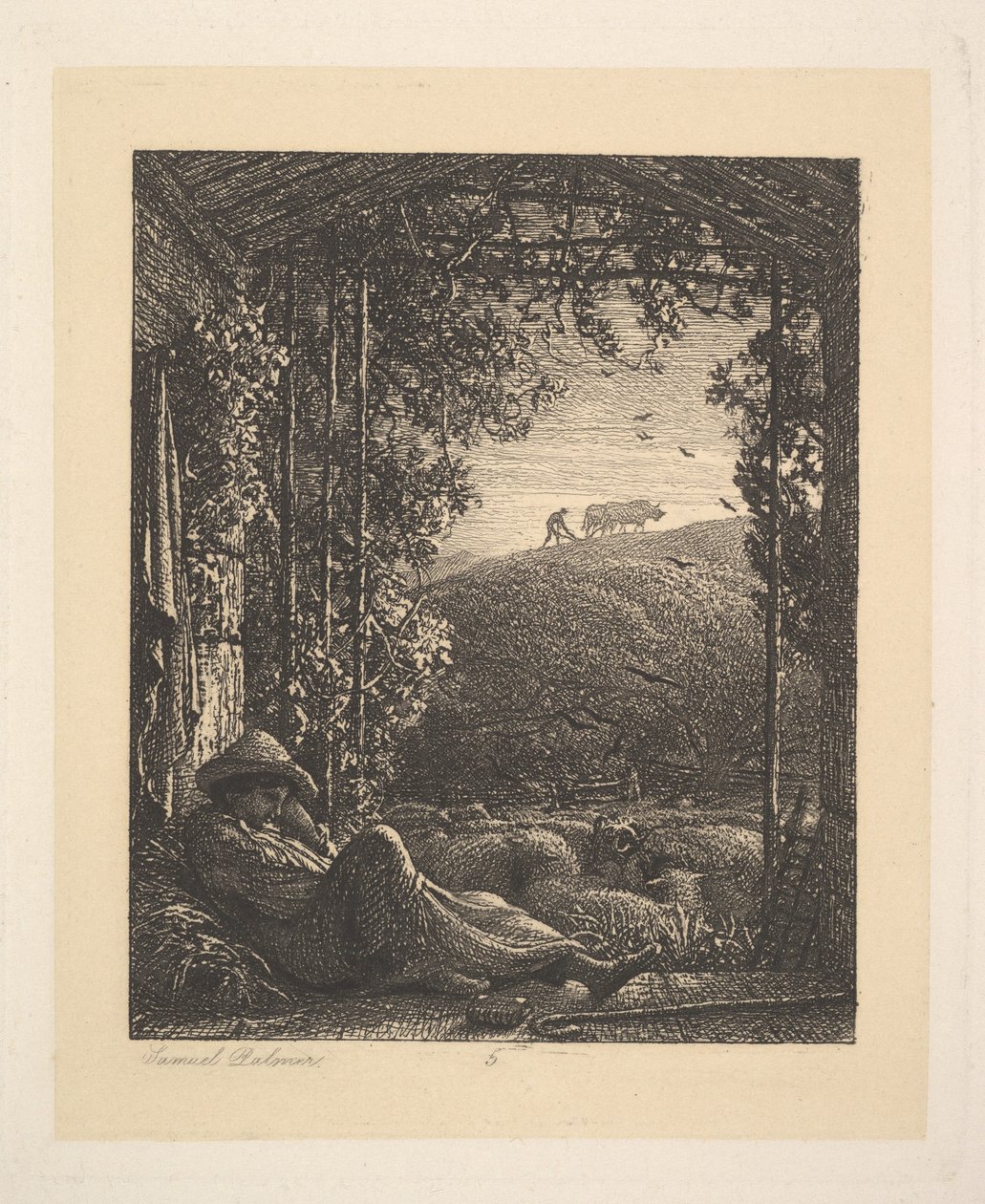 O pastor adormecido, de manhã cedo, 1857. de Samuel Palmer