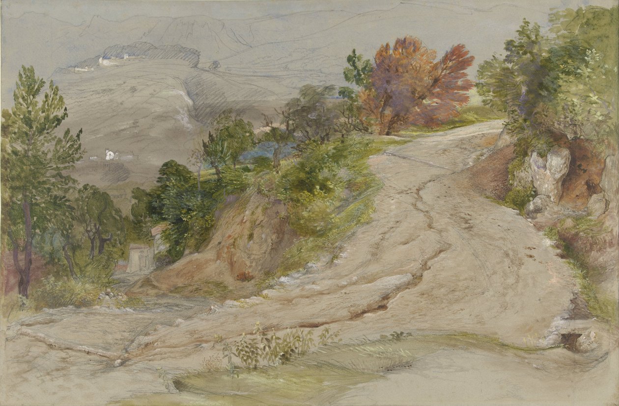 Estrada em uma paisagem montanhosa italiana de Samuel Palmer
