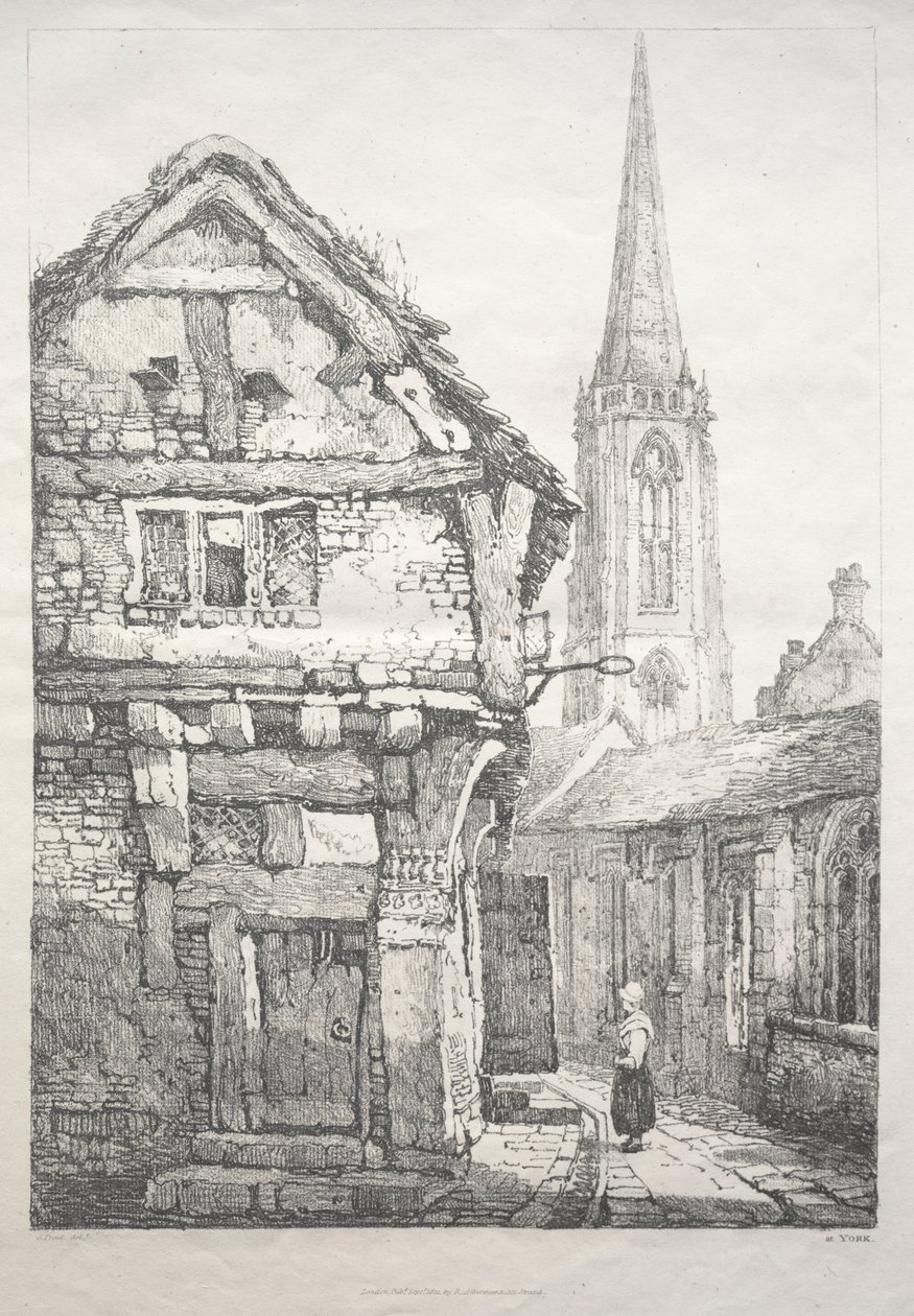 Uma série de edifícios antigos e casas rurais no norte da Inglaterra: em York, rua ao lado da parede do claustro de Samuel Prout
