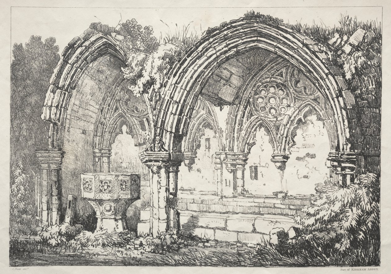 Uma série de edifícios antigos e casas rurais no norte da Inglaterra: parte da abadia de Kirkham de Samuel Prout