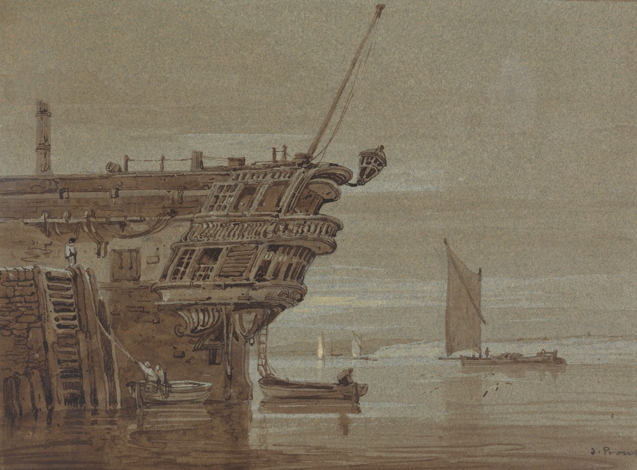 Um barco ancorado na Índia Oriental, pequenos barcos ao lado, outros barcos mais distantes de Samuel Prout