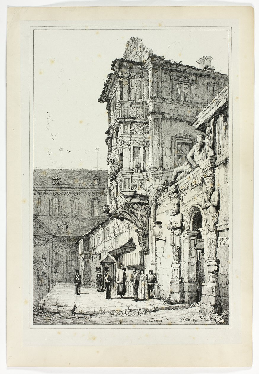 Ancien Palais, Bamberg, a partir de fac-símiles de esboços feitos na Flandres e na Alemanha de Samuel Prout