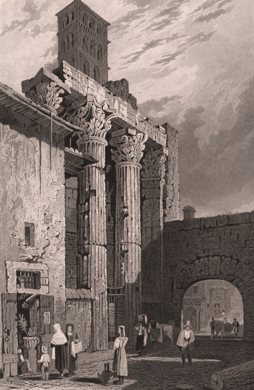Colunas do Templo de Marte Ultor, Roma, Lácio, Itália, gravura em aço de Samuel Prout (1783-1852) desenho, cerca de 15x115 cm de Samuel Prout