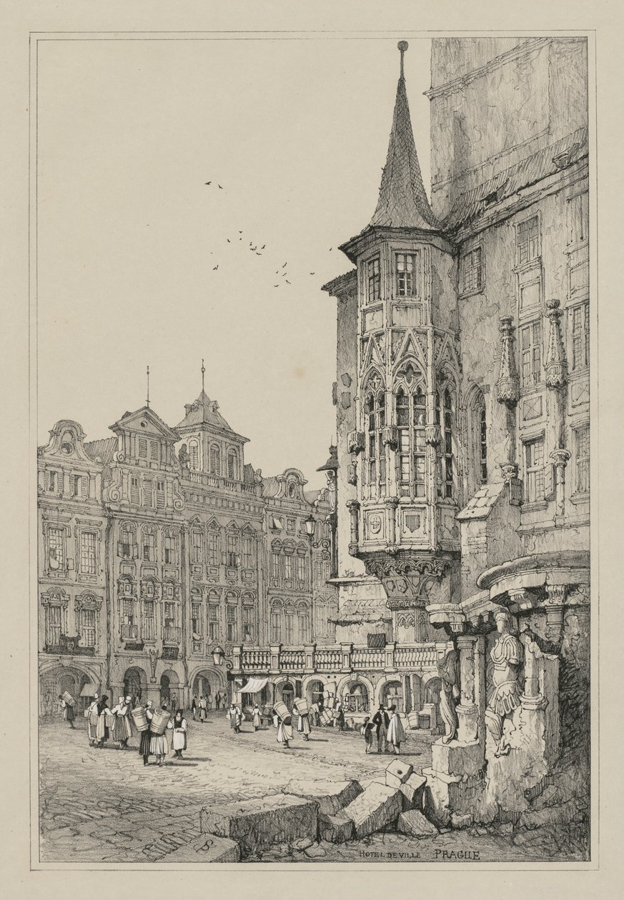 Facisimilies de Sketches feitos na Flandres e na Alemanha: Hotel de Ville, Praga de Samuel Prout