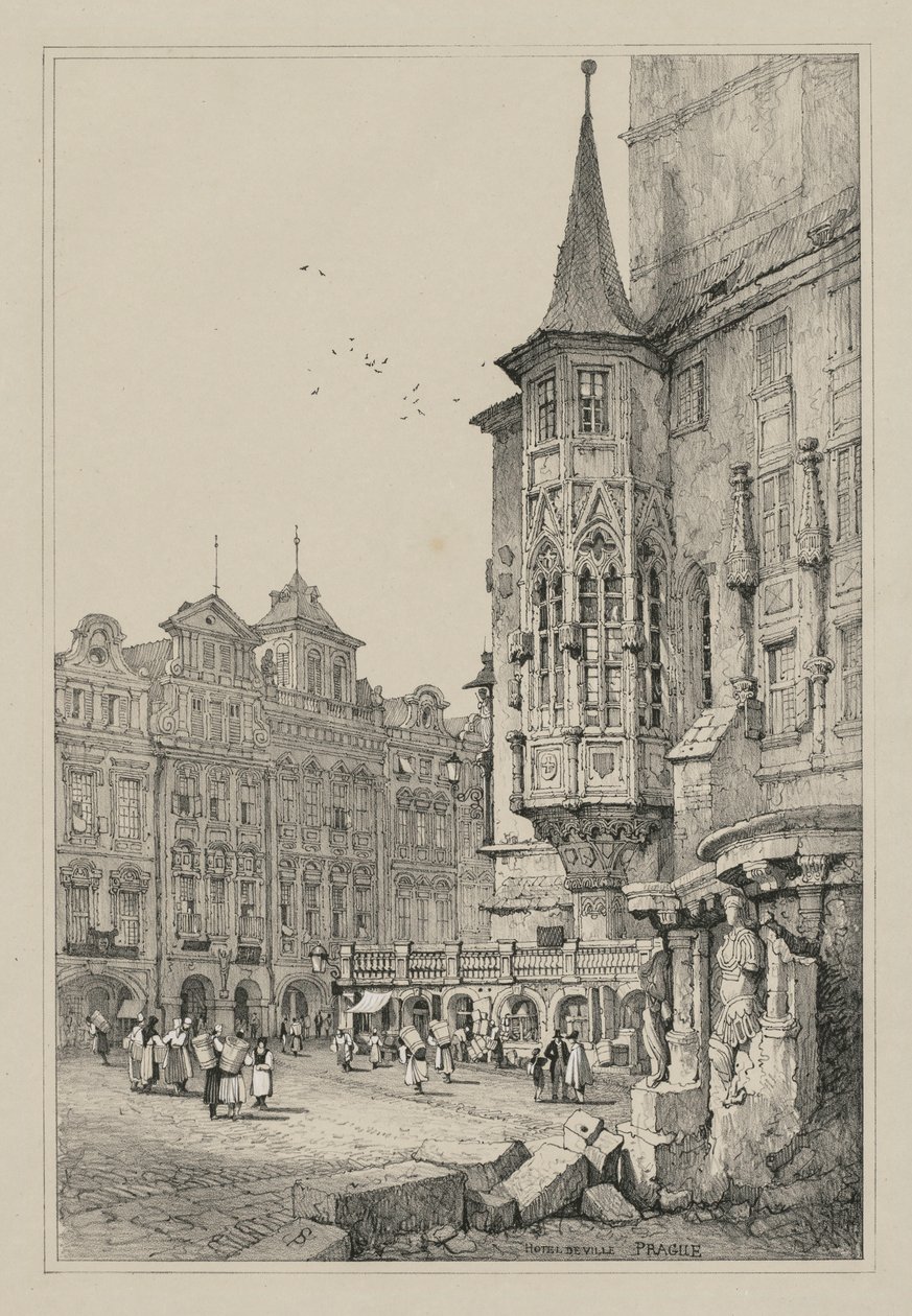 Facisimilies de esboços feitos na Flandres e na Alemanha: Hotel de Ville, Praga, 1833. de Samuel Prout