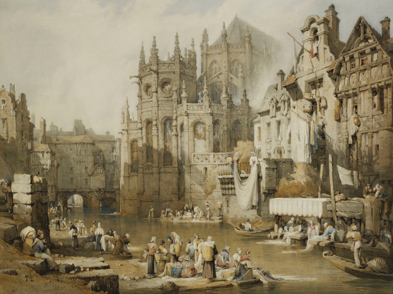 Figuras nas margens do rio em St. Etienne, Caen, de Samuel Prout