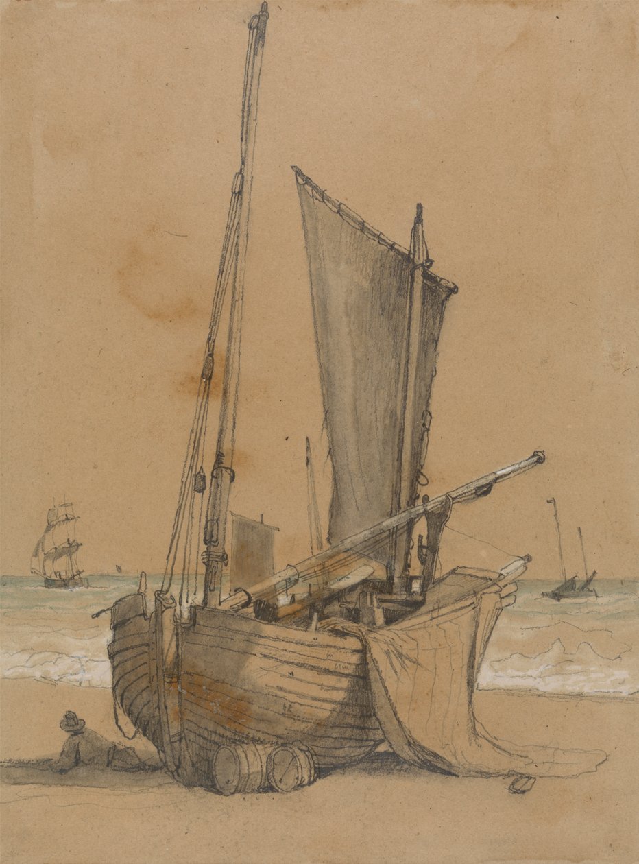 Barco de Pesca na Praia com um Brigadeiro no Mar de Samuel Prout