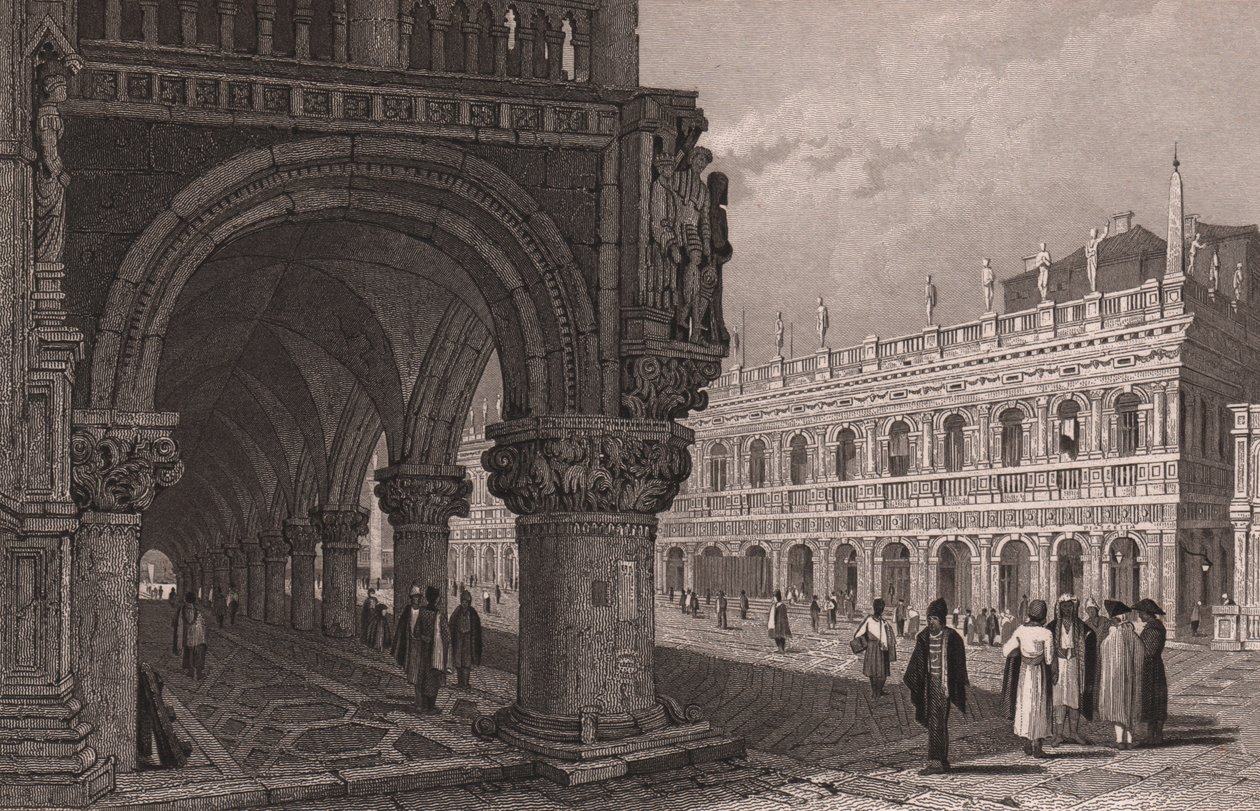 Previsão da arcada do Palácio Doge (Palazzo Ducale) com vista para a Praça de São Marcos e Palácio da Biblioteca, Veneza, Veneto, Itália, gravura em aço após desenho de Samuel Prout (1783-1852), cerca de 15x11,5 cm de Samuel Prout