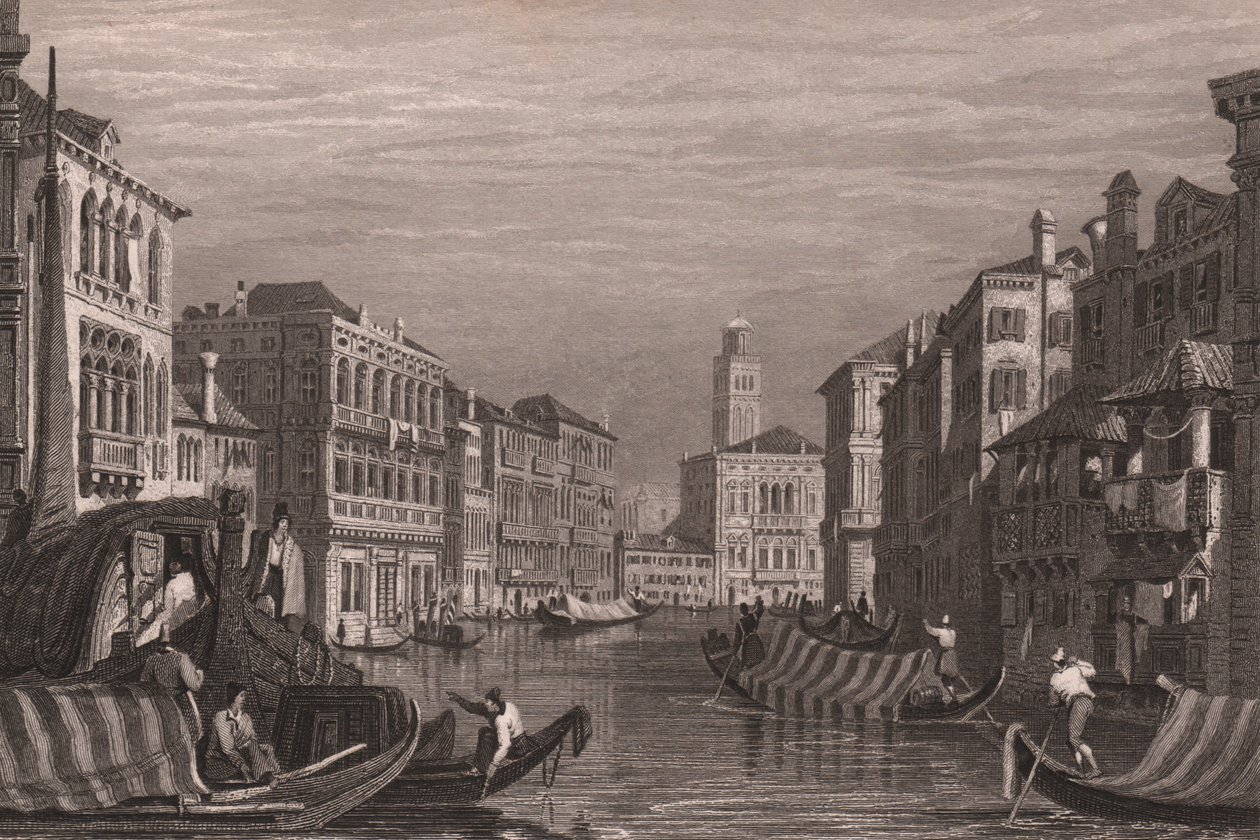 Gôndolas no Grande Canal (Canal Grande), Veneza, Veneto, Itália, gravura em aço após desenho de Samuel Prout (1783-1852), cerca de 15x11,5 cm de Samuel Prout