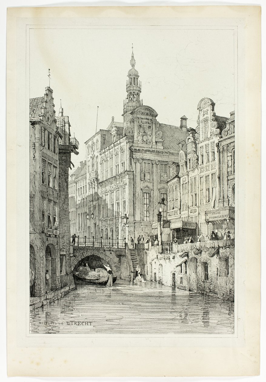 Hotel de Ville, Utrecht, a partir de fac-símiles de esboços feitos na Flandres e na Alemanha de Samuel Prout