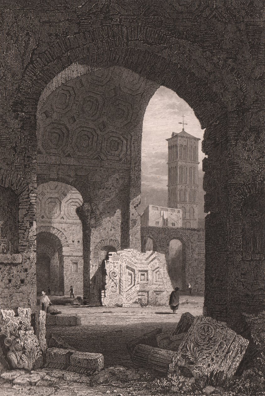 O Templo da Paz ou o Fórum de Vespasiano, Roma, Lácio, Itália, gravura em metal aço a partir de desenho de Samuel Prout (1783-1852), ca. 15x115 cm de Samuel Prout