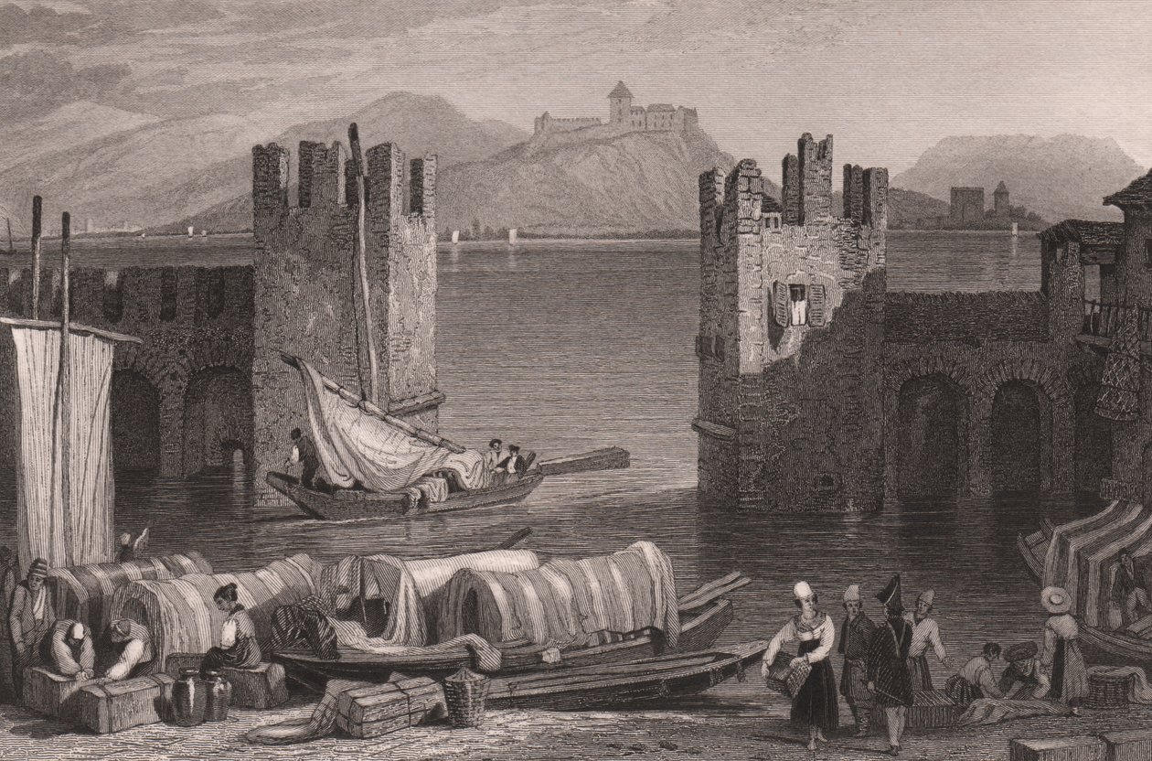 Vista do castelo de Angera em Arona, Lago Maggiore, Piemonte, Itália, gravura de aço de desenho de Samuel Prout (1783-1852), cerca de 16x11 cm de Samuel Prout