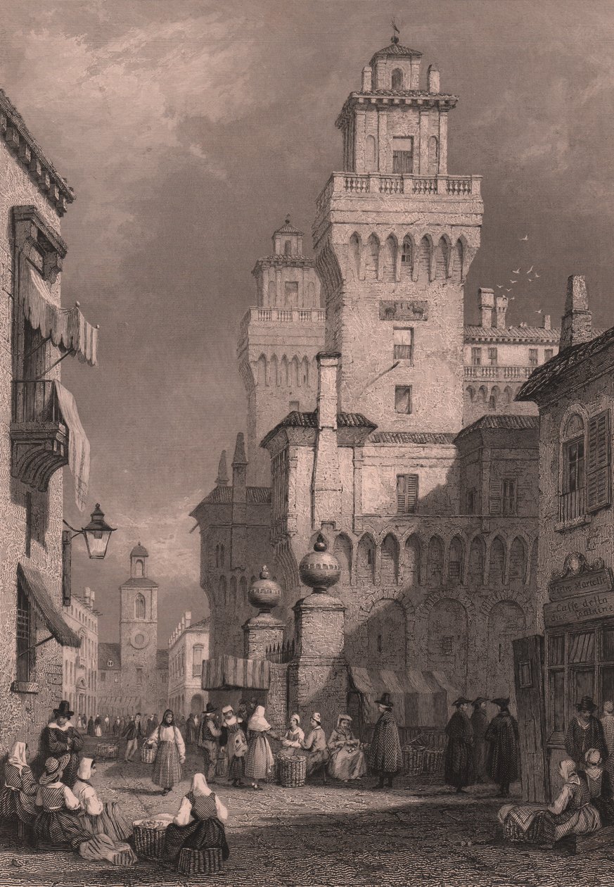 Vista de Castello Estense, Ferrara, Emilia-Romagna, Itália, gravura em metal aço de John Godfrey (ca. 1817-1889) após desenho de Samuel Prout (1783-1852), ca. 26x17 cm, publicada por Blackie and Son de Samuel Prout