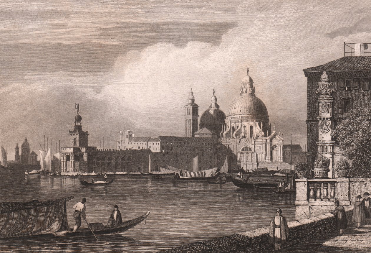 Vista do Grande Canal (Canal Grande) com Punta della Dogana e Basílica de Santa Maria della Salute em fundo, Veneza, Veneto, Itália, gravura em aço após desenho de Samuel Prout (1783-1852), cerca de 15x11,5 cm de Samuel Prout