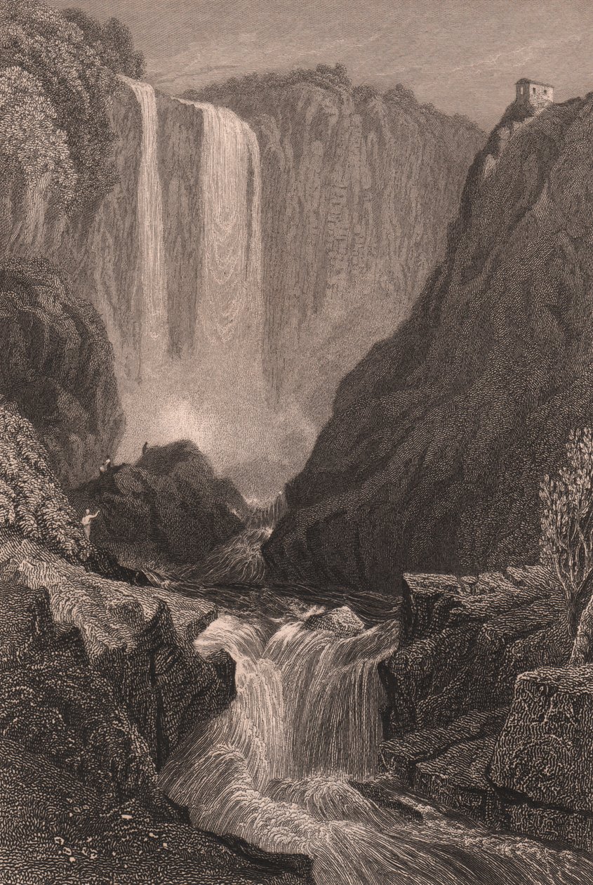 Vista das Cascatas de Marmore (Cascata delle Marmore) perto de Terni, Úmbria, Itália, gravura em metal aço segundo desenho de Samuel Prout (1783-1852), cerca de 15x11,5 cm de Samuel Prout