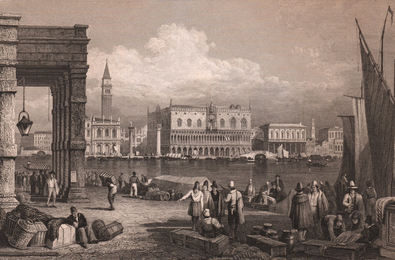 Vista da Bacia de Saint Mark em Veneza, Veneto, Itália, gravura em aço após desenho de Samuel Prout (1783-1852), cerca de 15x11,5 cm de Samuel Prout