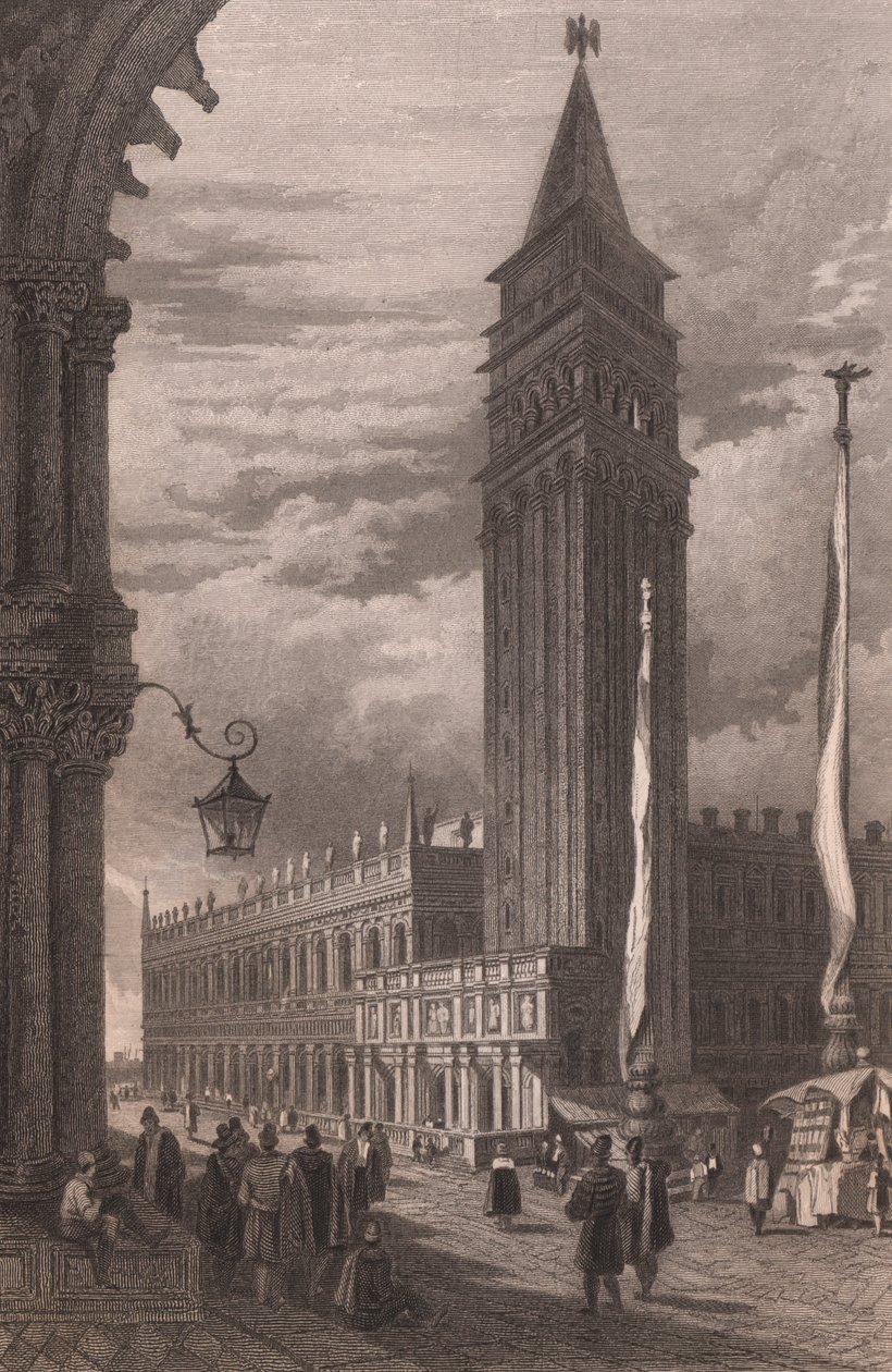 Vista da Torre do Sino de São Marcos em Veneza, Veneto, Itália, gravura em aço após desenho de Samuel Prout (1783-1852), cerca de 15x11,5 cm de Samuel Prout