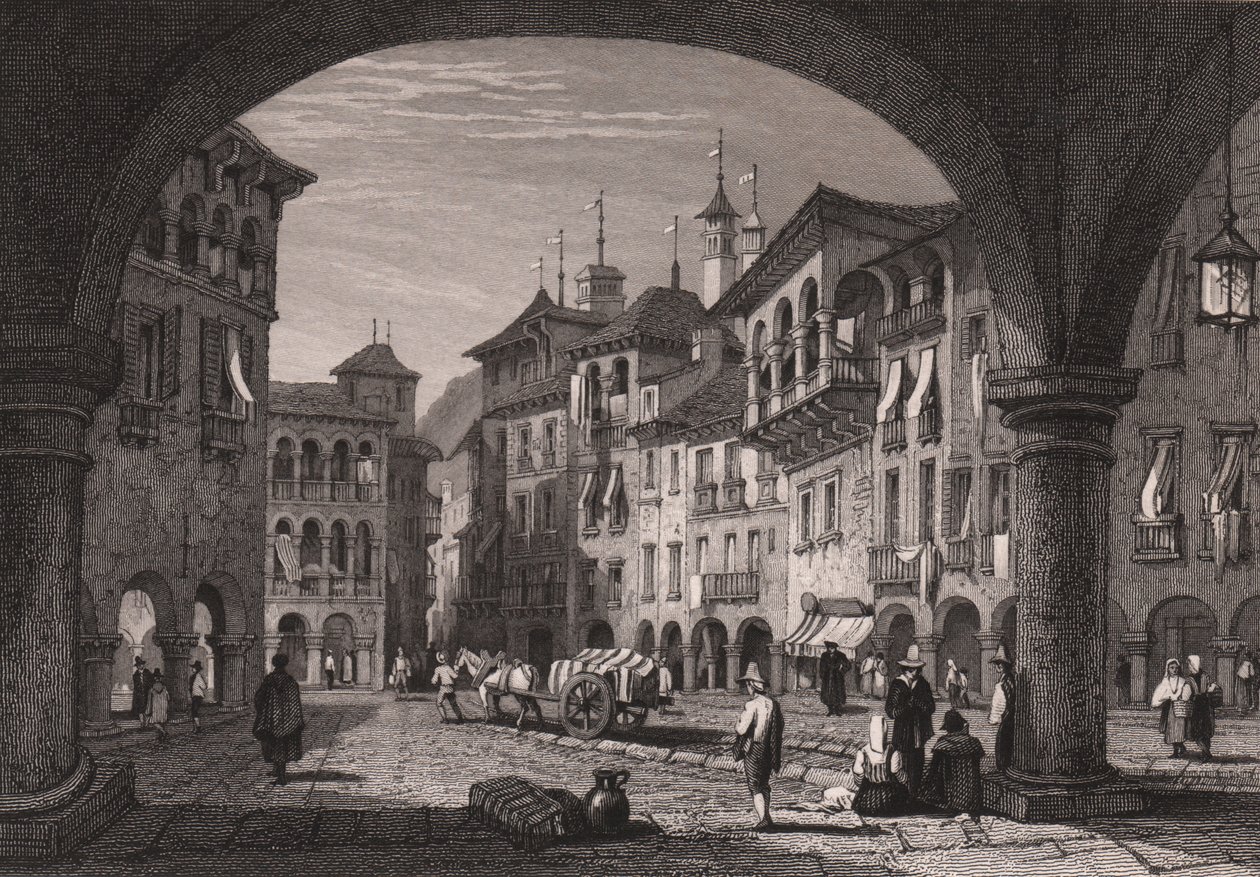 Vista da praça do mercado em Domodossola, Piemonte, Itália, gravura em aço a partir de um desenho de Samuel Prout (1783-1852), cerca de 16x11 cm de Samuel Prout