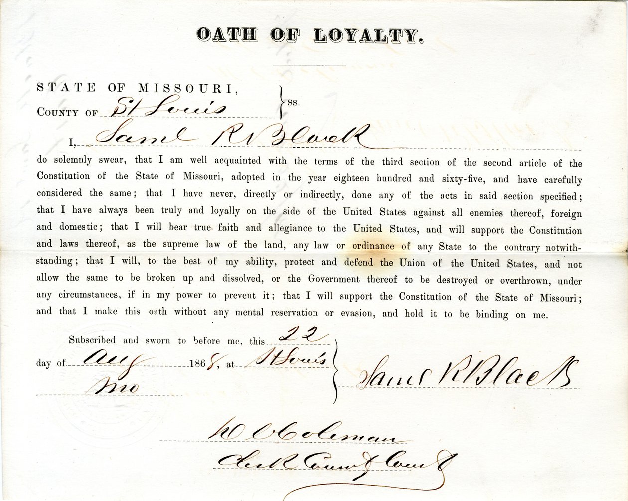 Juramento de lealdade de Samuel R. Black of Missouri, Condado de St. Louis de Samuel R. Black