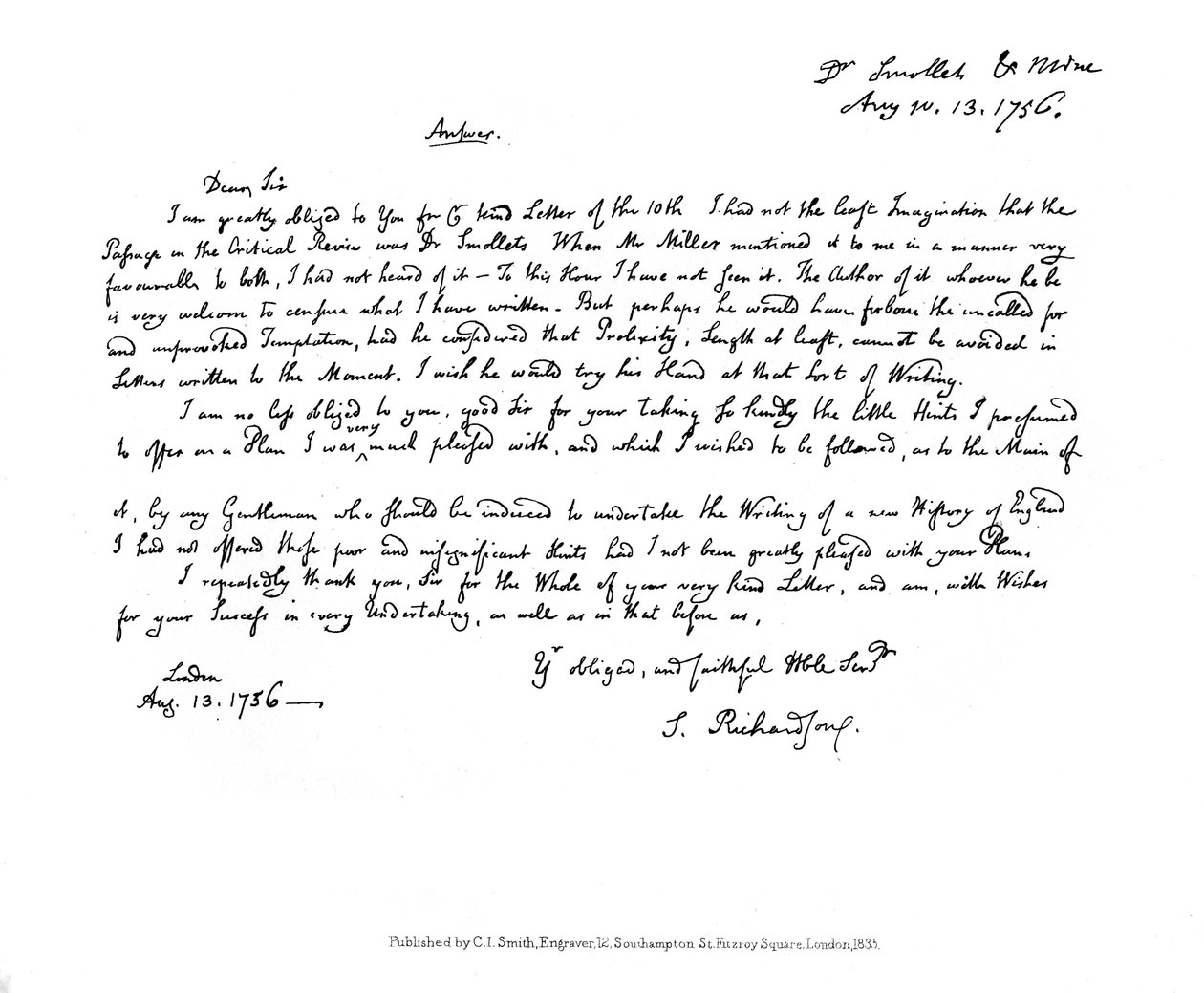 Uma carta de Samuel Richardson ao Dr. Smollett, 1756, 1840 de Samuel Richardson