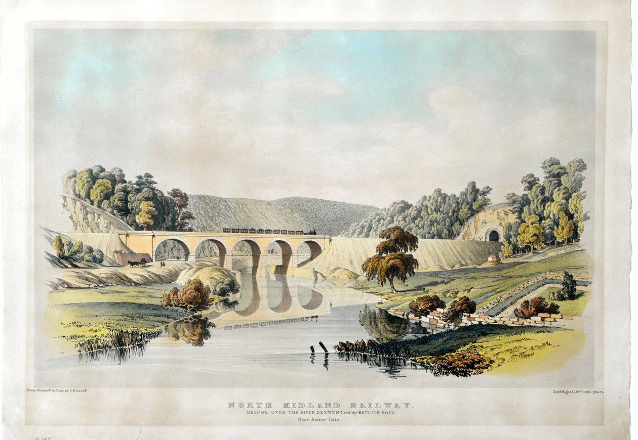 Ponte ferroviária de North Midland sobre o rio Derwent e a estrada de Matlock perto de Amber Gate de Samuel Russell