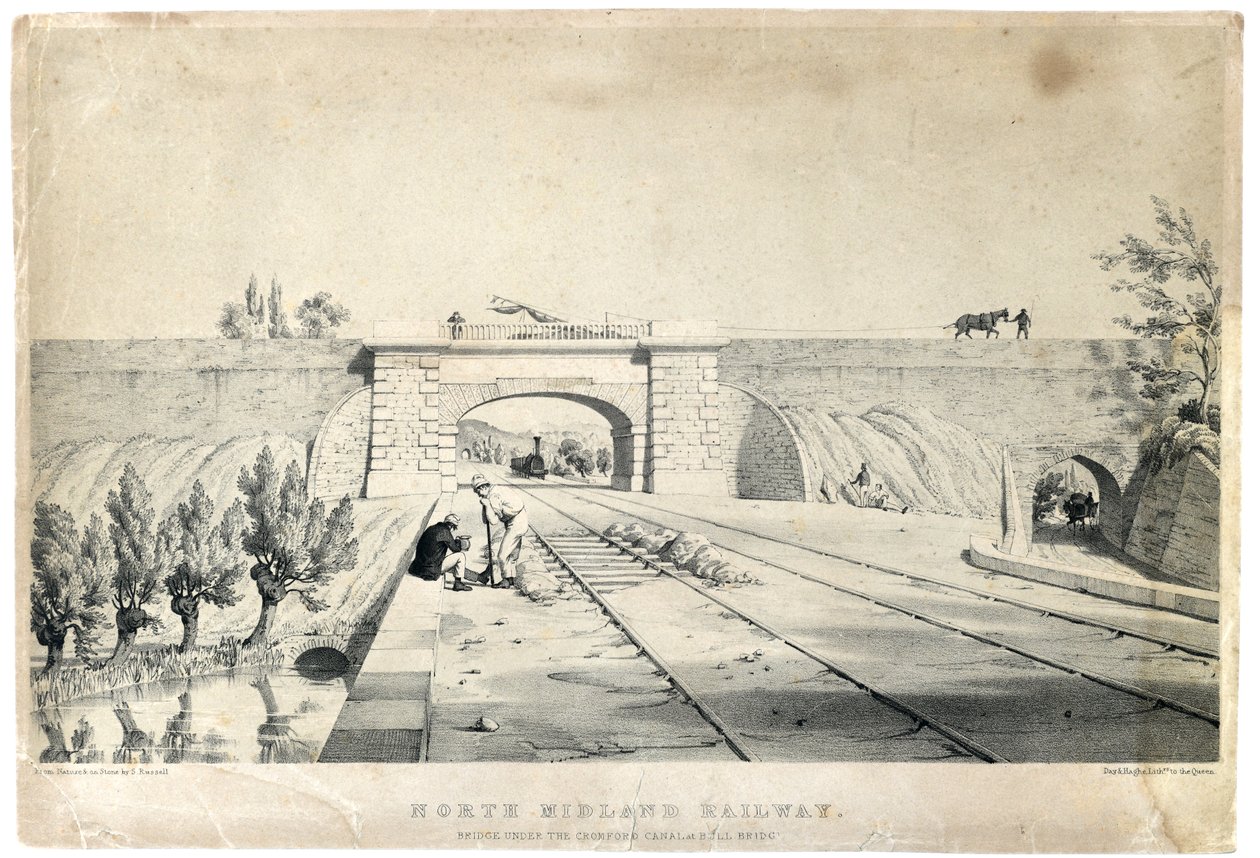 Ponte ferroviária de North Midland sob o canal de Cromford em Bull Bridge, c.1840 (litografia colorida sobre papel) de Samuel Russell