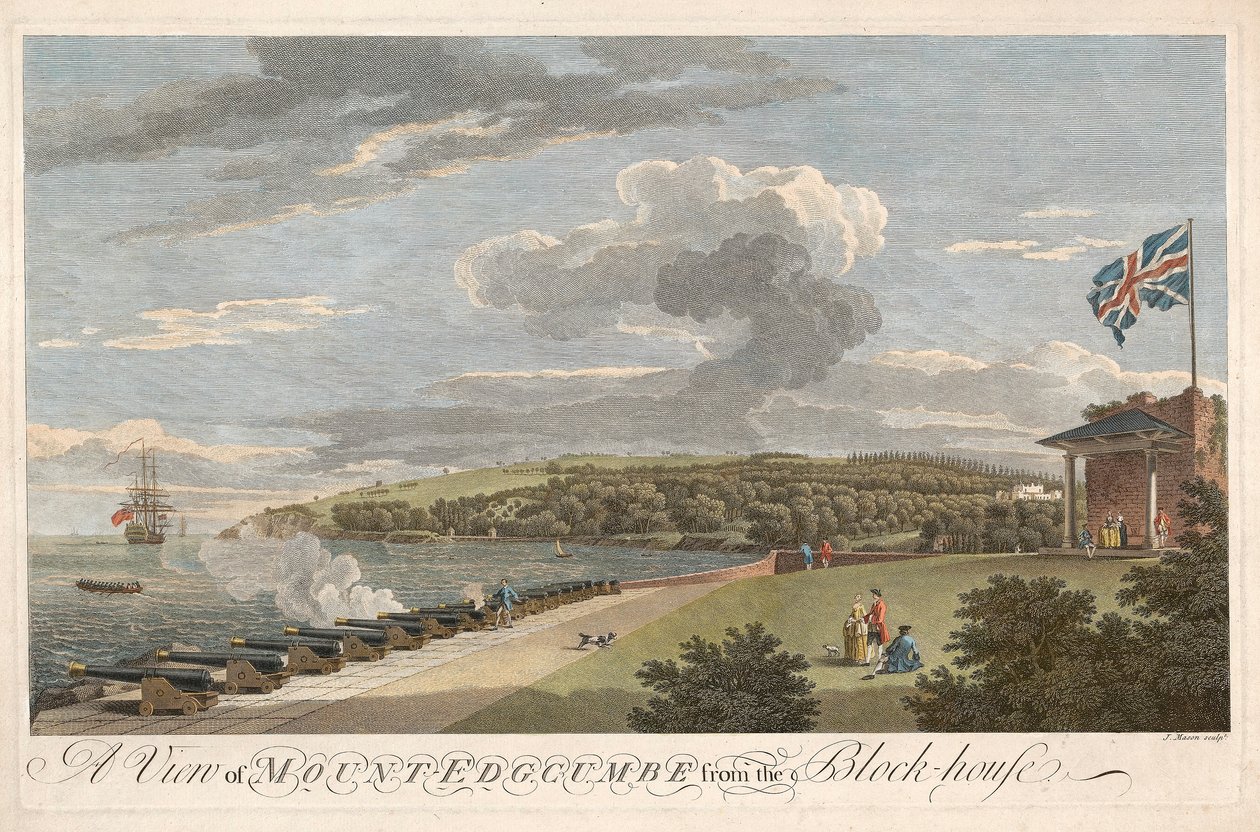 Uma vista do Monte Edgcumbe da Block House, pub. 1755. de Samuel Scott