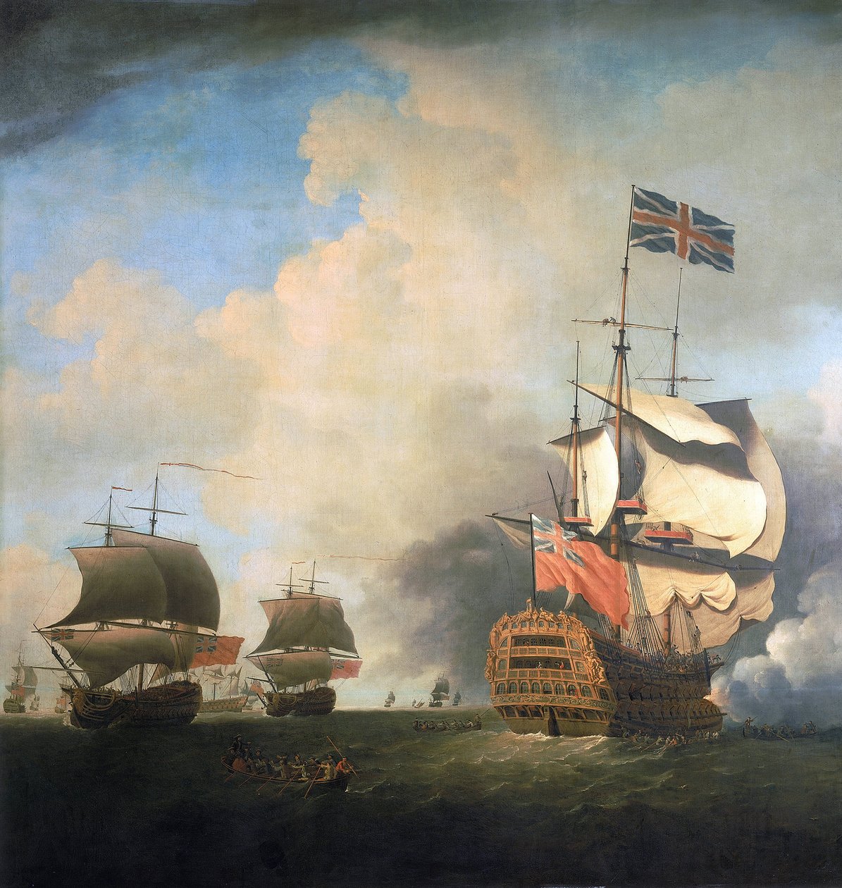 Navios de guerra da Marinha Real Britânica, manobrando as suas velas ao vento. Óleo sobre tela, cerca de 1736, de Samuel Scott (1702-1772). de Samuel Scott