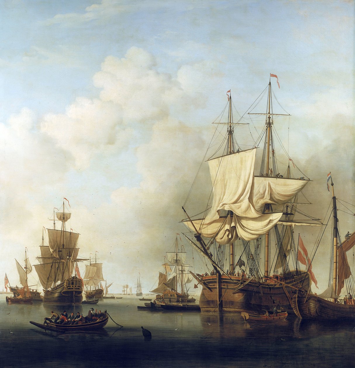 Navio dinamarquês de transporte de madeira, na foz do Tamisa, para Gravesend (Inglaterra). Óleo sobre tela de Samuel Scott