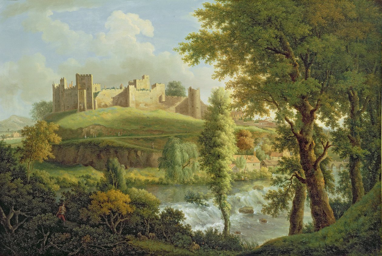 Castelo de Ludlow com Dinham Weir, do sudoeste, c.1765-69 (óleo sobre tela) de Samuel Scott