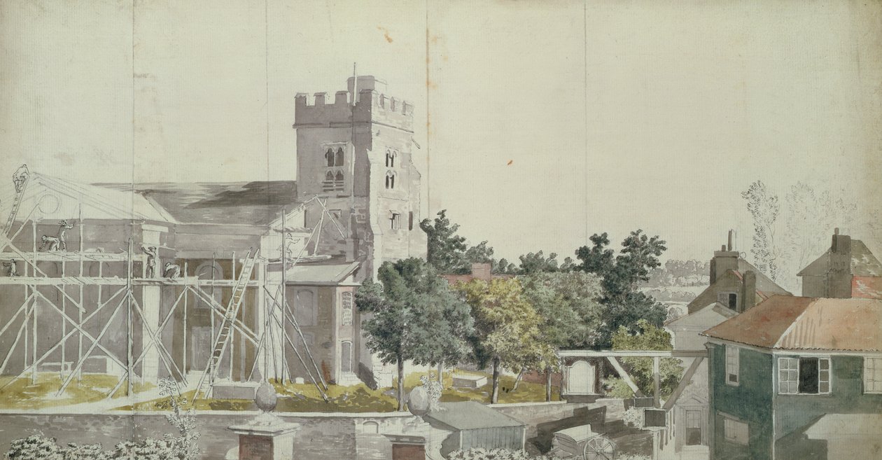 Twickenham Church sob Andaimes, do século 18 (wc, caneta e tinta no papel) de Samuel Scott
