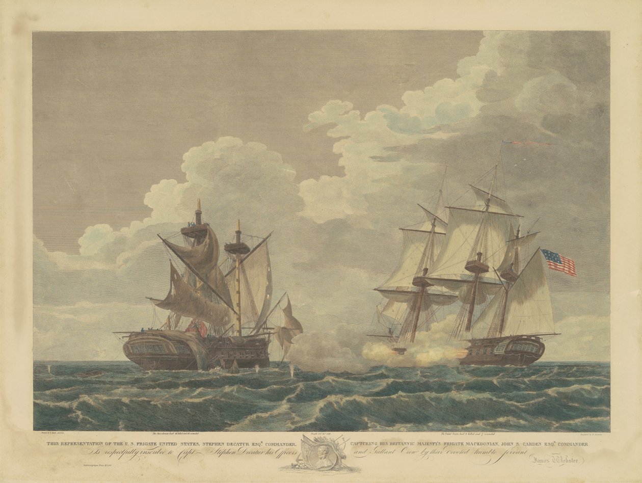 A Fragata dos EUA Estados Unidos Capturando a Fragata de Sua Majestade Britânica Macedônia de Samuel Seymour, after Thomas Birch
