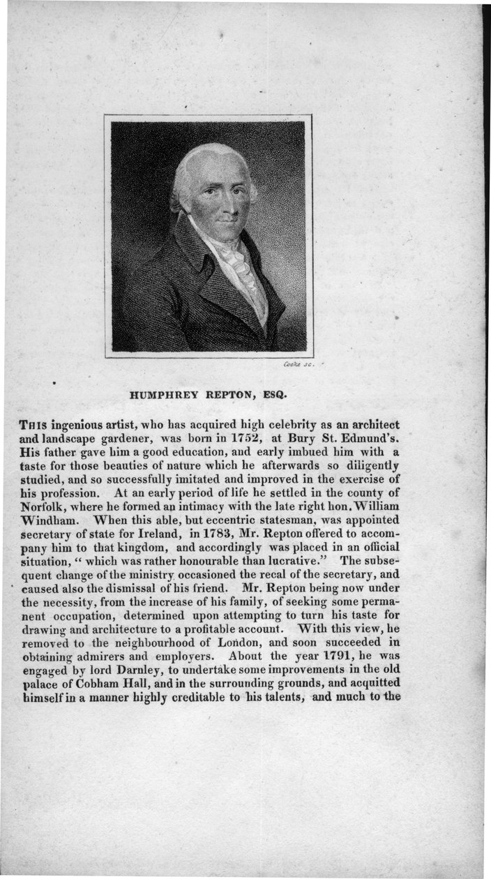 Humphry Repton (1752-1818), gravado por Cooke, de &39;Essex, Suffolk and Norfolk Characters&39;, 1820 de Samuel Shelley