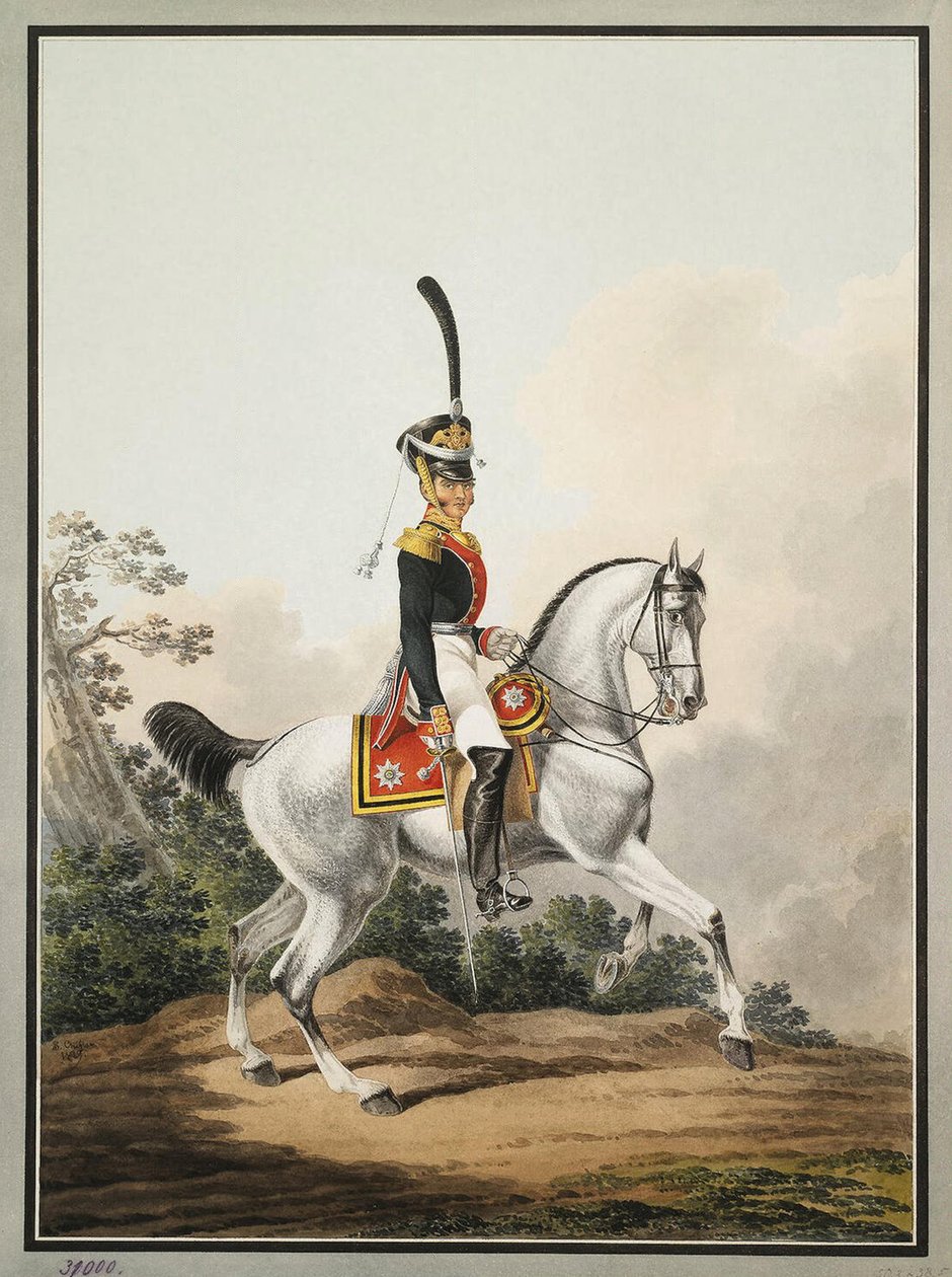 Oficial de campo do Regimento Preobrazhensky a cavalo, início do século XIX. de Samuel Shiflard