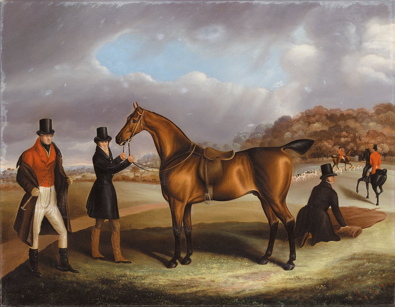 Lord George Bentinck com seu caçador e noivos favoritos, em uma paisagem com uma caçada além de Samuel Spode