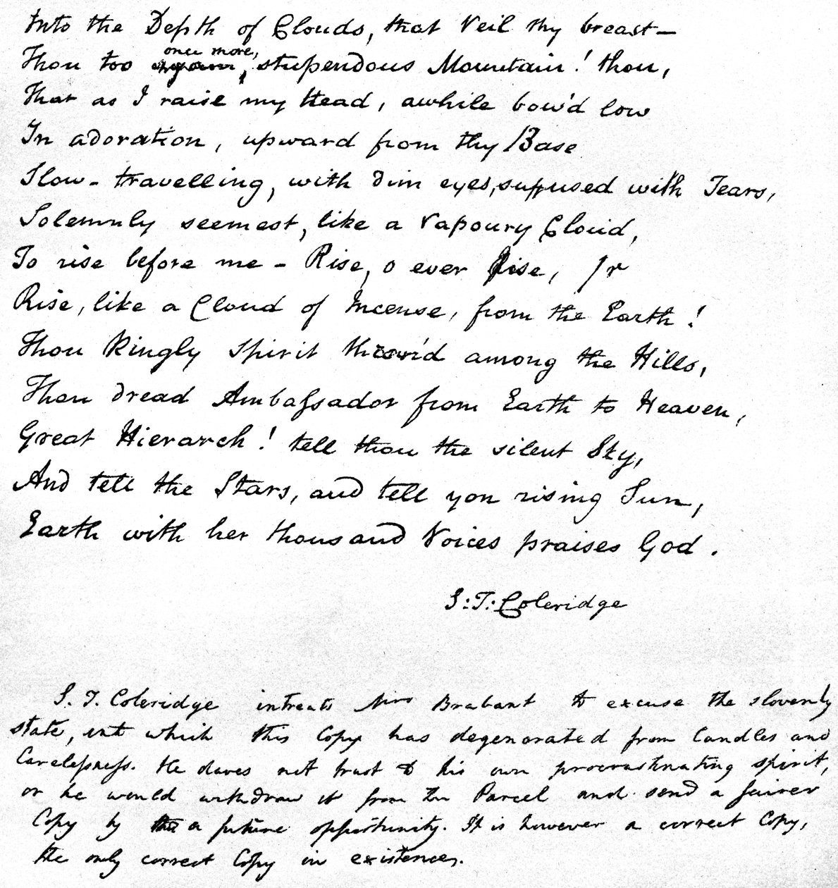 As últimas linhas do poema Coleridges Hymn Before Sunrise no Vale de Chamouny, escritas na própria caligrafía dos poetas e enviadas em uma carta a Mrs. Brabant de Devizes, 1815 de Samuel Taylor Coleridge